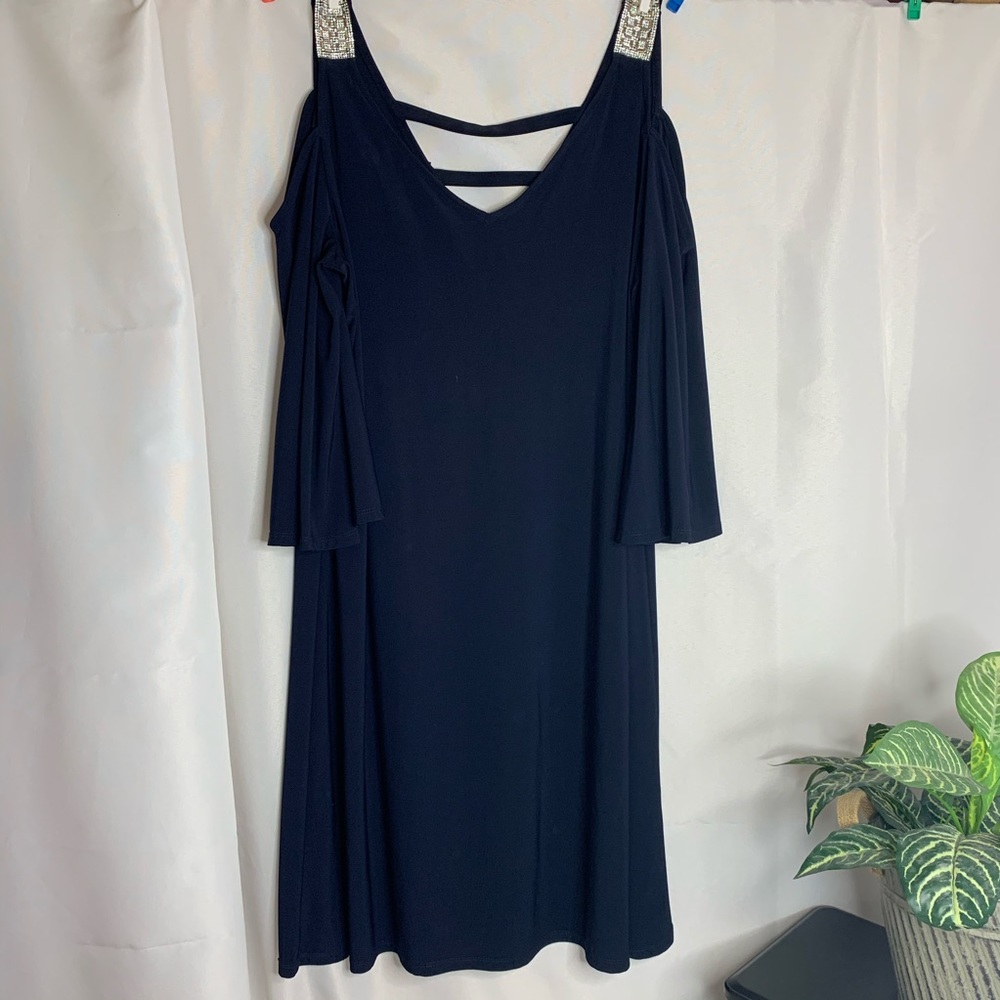 Dress Barn cold- shoulder navy dress w/rhinestones